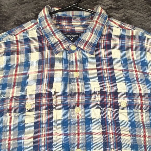 American Eagle Outfitters Mens XXL Long-Sleeve Blue Red Plaid Button-Down Shirt - Picture 7 of 9